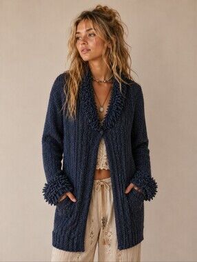 Rainbow Bridge Boucle Trim Cable Knit Cardigan Size S Wool Blend Sweater
